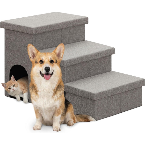 ALILYY Dog Stairs for Bed,18" H 3 Step Small dog stairs,Folding Storage Pet Stairs for High Beds Couch, Gift for Small/Medium/Large Old Dogs Cats,Gray